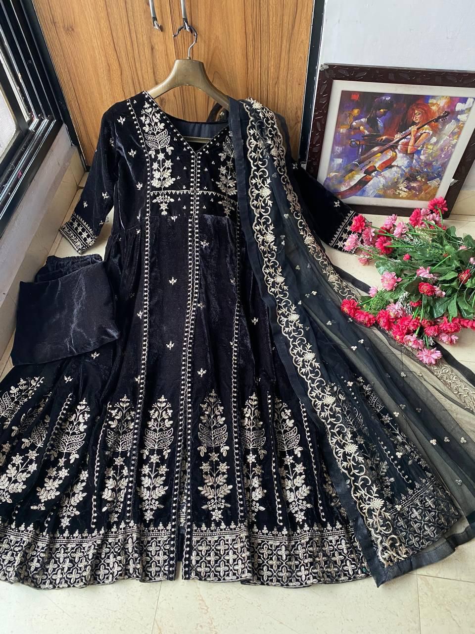 Luxury Velvet Winter Anarkali Set with Dupatta