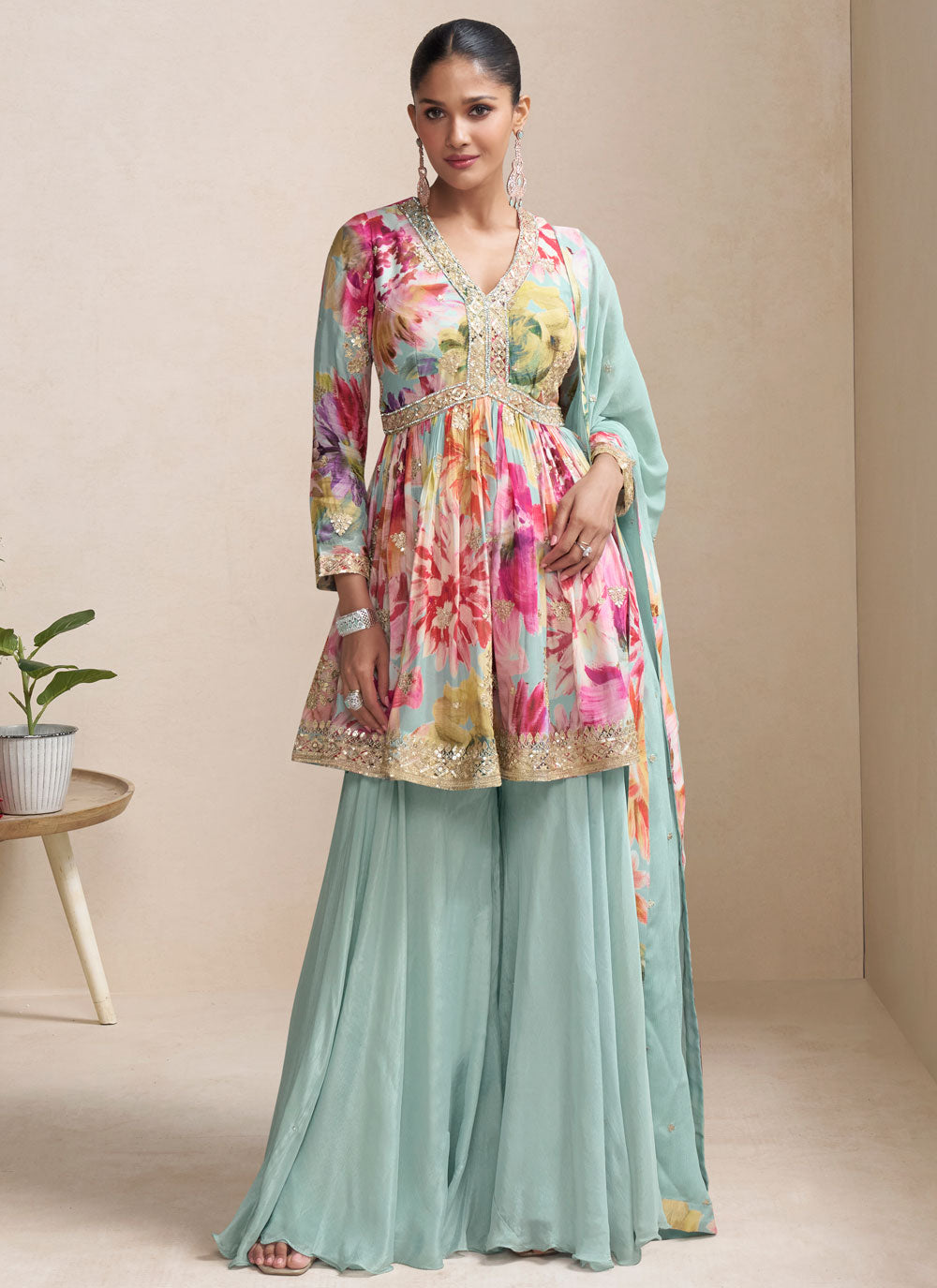 Noor Mahal Suit Set Digital Print With Embroidered Work