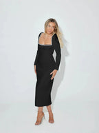 Pearl Full Seleeve Black Midi Dress