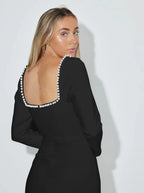 Pearl Full Seleeve Black Midi Dress