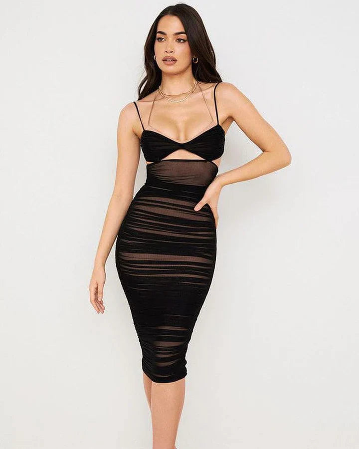 Ruched-Keyhole Midi Black Dress