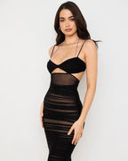 Ruched-Keyhole Midi Black Dress