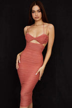 Ruched-Keyhole Midi Dress