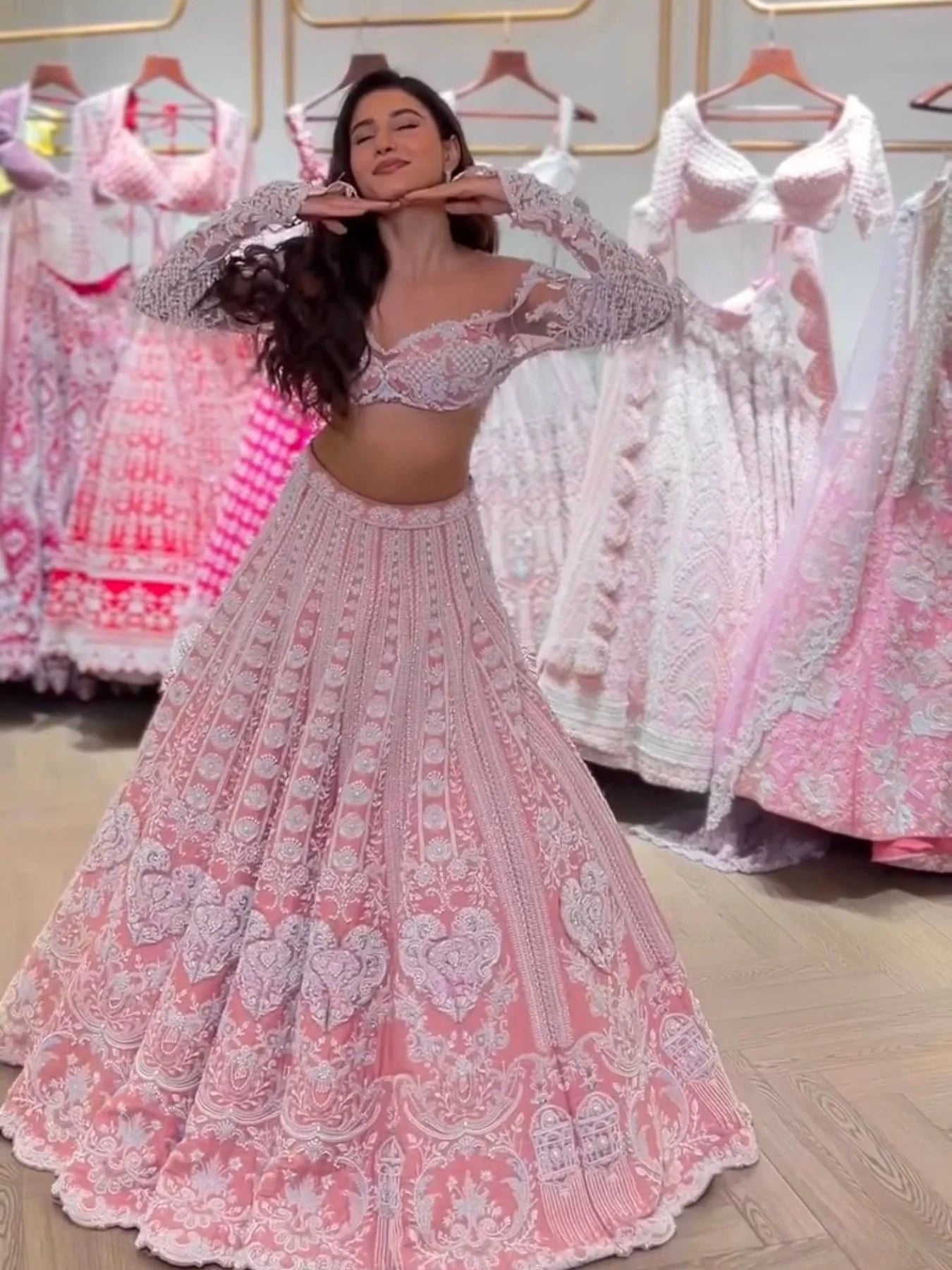 Bold Pink Lehenga Set with Rainbow Sequins & Resham Dori Work