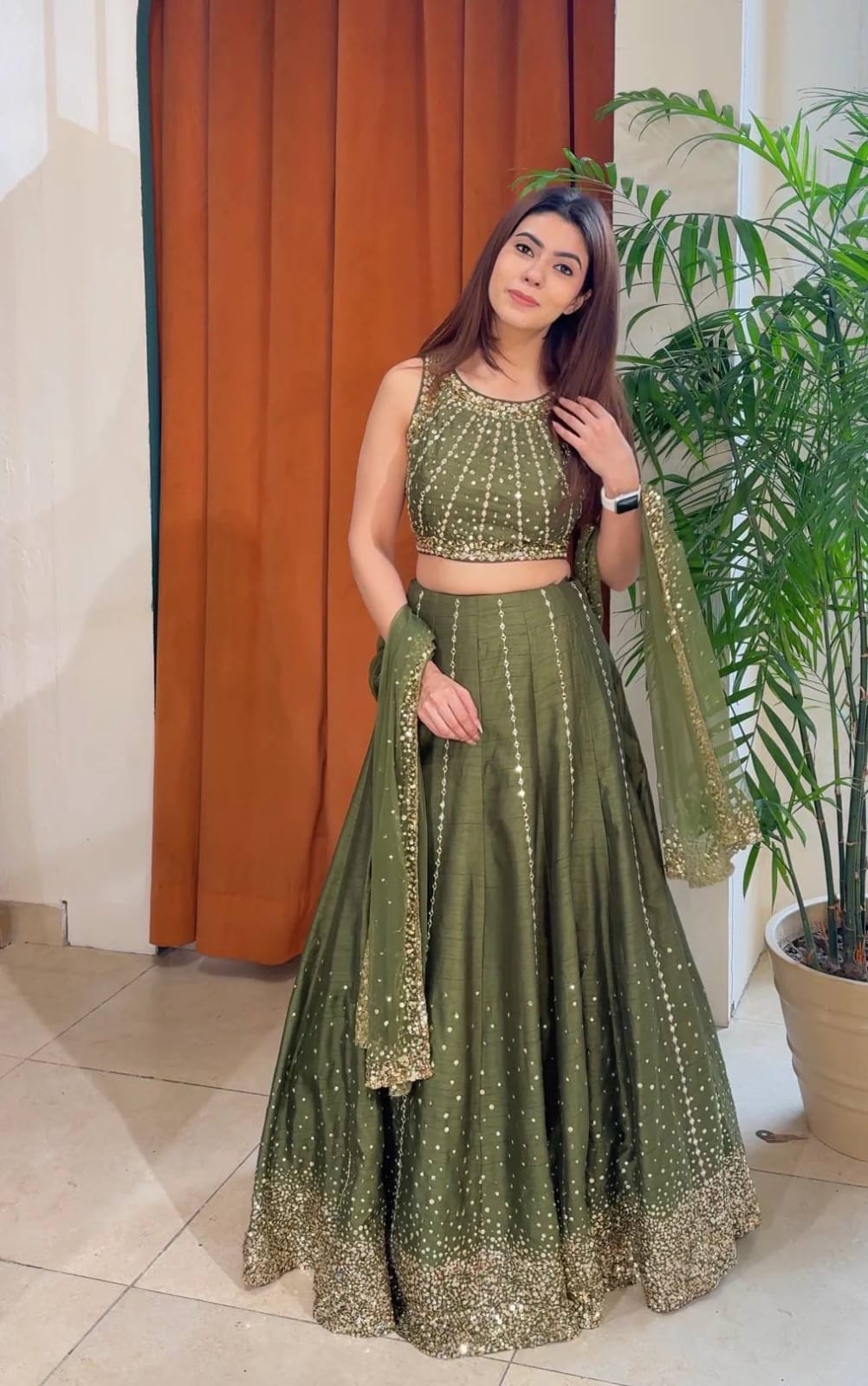 Olive Green Heavy Thai Silk Lehenga Choli with Sequins Work | Grace Draped in Olive Dreams