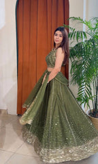 Olive Green Heavy Thai Silk Lehenga Choli with Sequins Work | Grace Draped in Olive Dreams