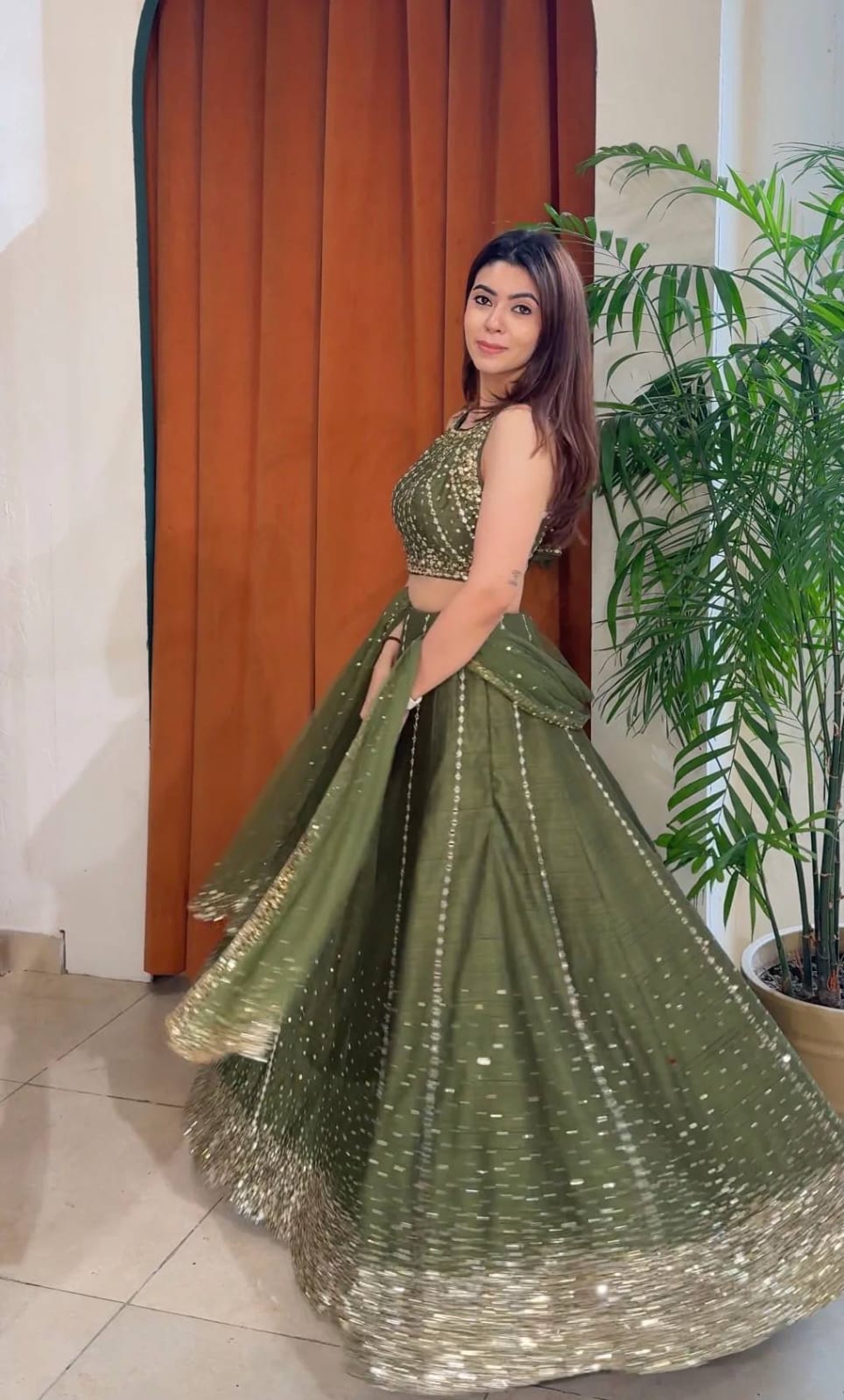 Olive Green Heavy Thai Silk Lehenga Choli with Sequins Work | Grace Draped in Olive Dreams