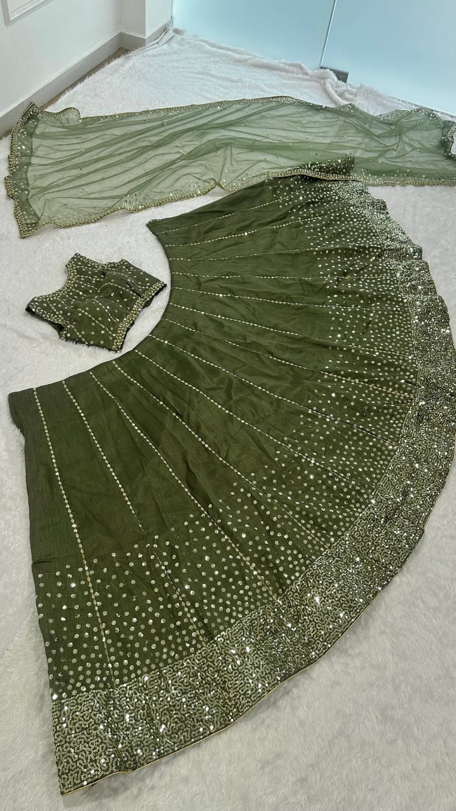 Olive Green Heavy Thai Silk Lehenga Choli with Sequins Work | Grace Draped in Olive Dreams