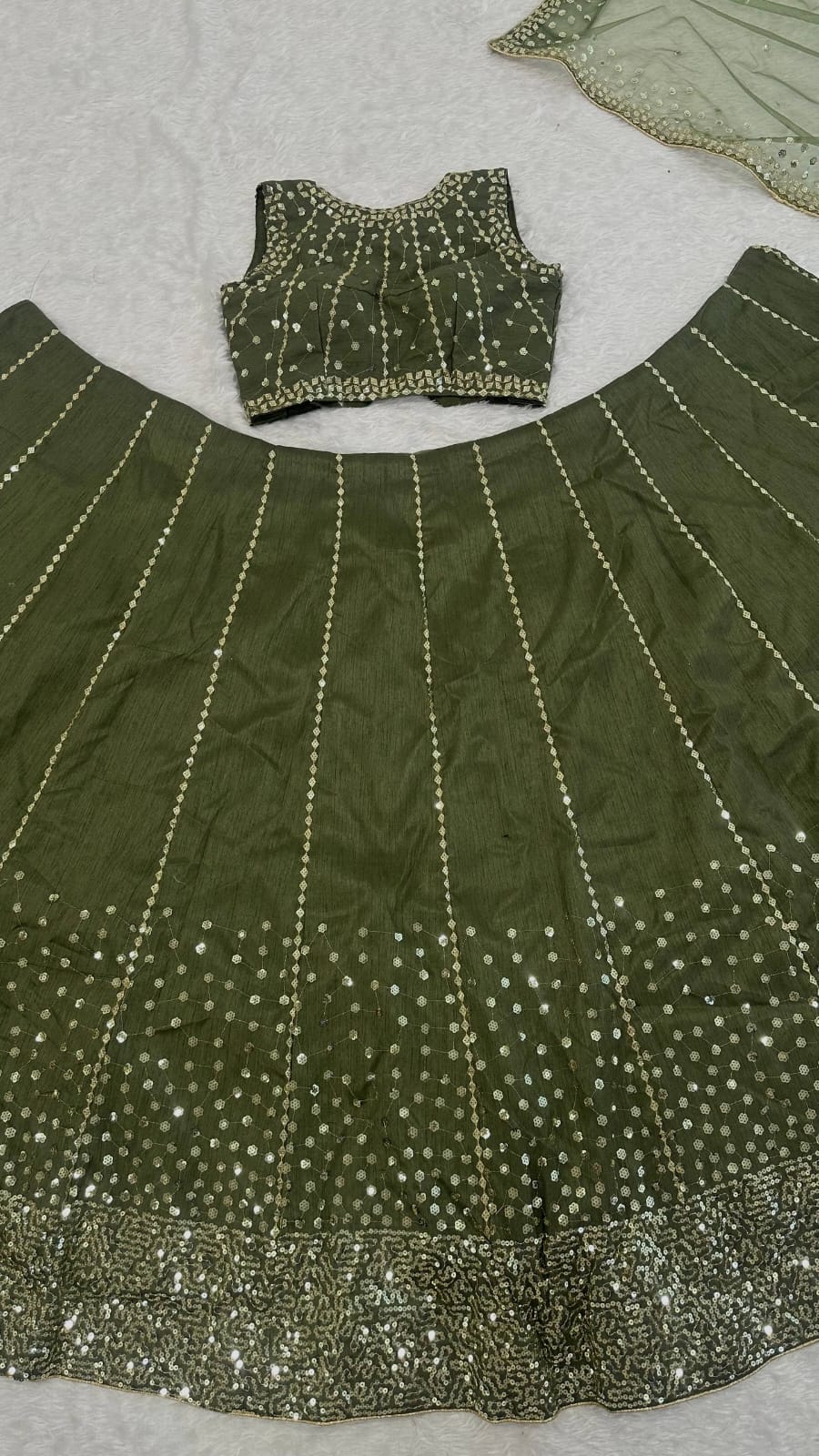 Olive Green Heavy Thai Silk Lehenga Choli with Sequins Work | Grace Draped in Olive Dreams