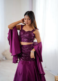 Royal Purple Fish Cut Lehenga Set with Sequins Embroidery & Crepe Dupatta