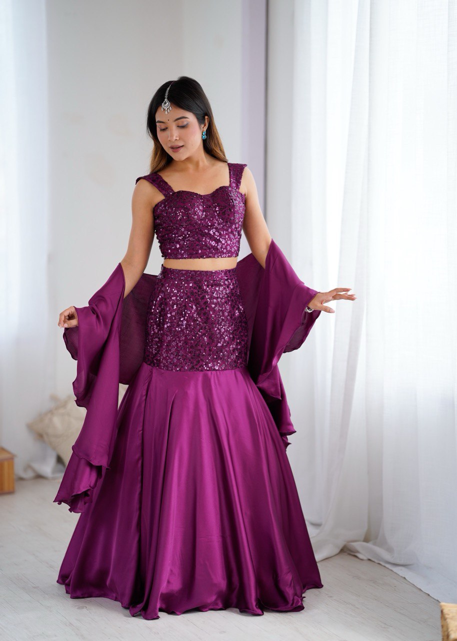 Royal Purple Fish Cut Lehenga Set with Sequins Embroidery & Crepe Dupatta