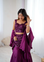 Royal Purple Fish Cut Lehenga Set with Sequins Embroidery & Crepe Dupatta