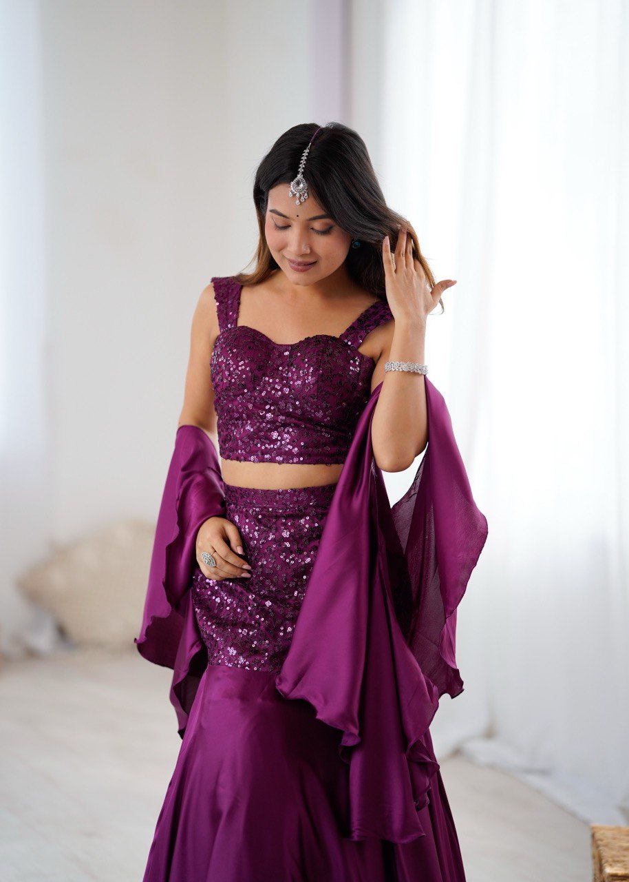 Royal Purple Fish Cut Lehenga Set with Sequins Embroidery & Crepe Dupatta