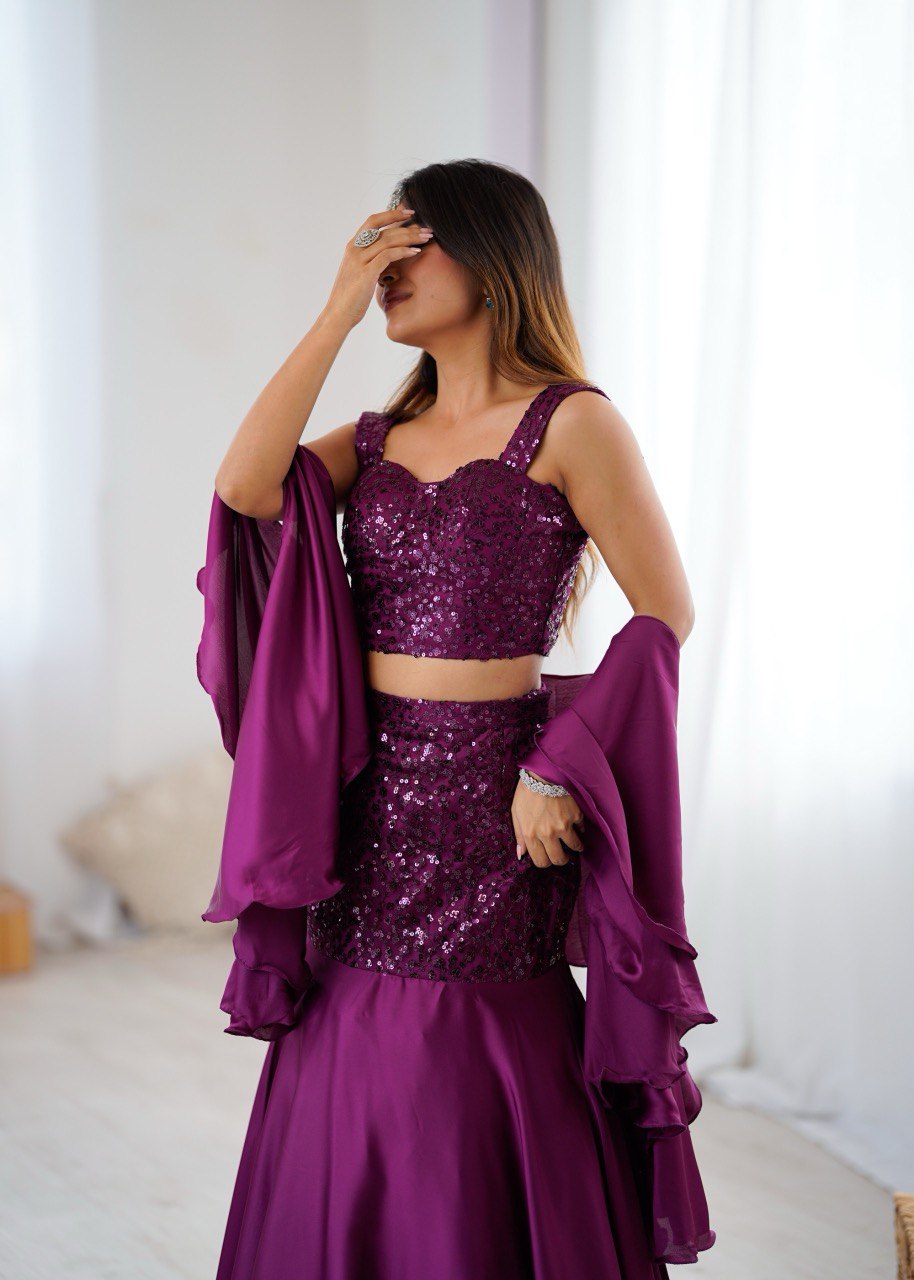 Royal Purple Fish Cut Lehenga Set with Sequins Embroidery & Crepe Dupatta
