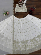 White Faux Georgette Lehenga Choli with Sequence & Thread Work
