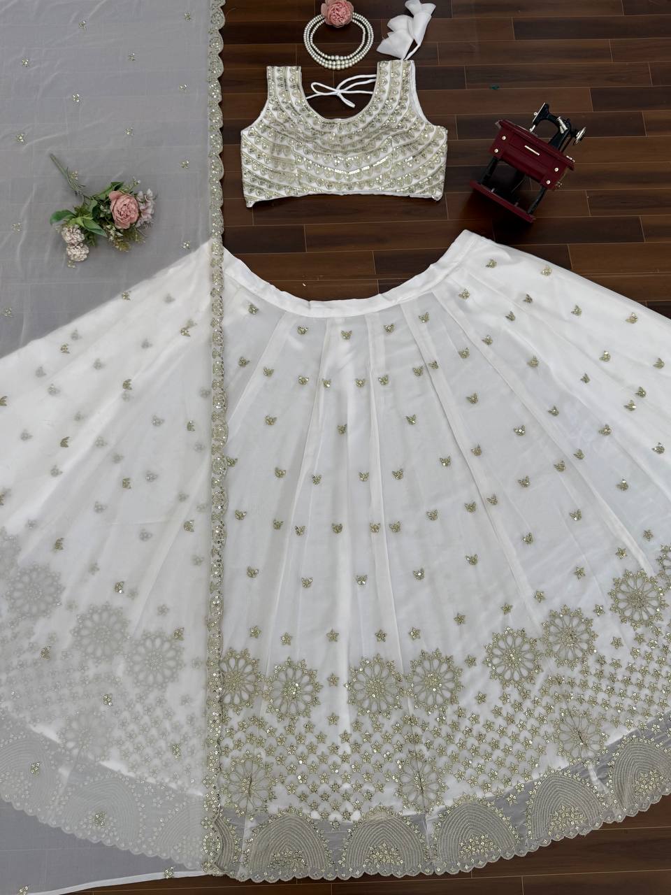 White Faux Georgette Lehenga Choli with Sequence & Thread Work