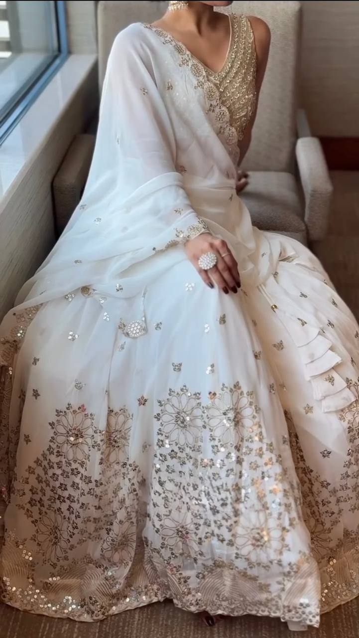 White Faux Georgette Lehenga Choli with Sequence & Thread Work