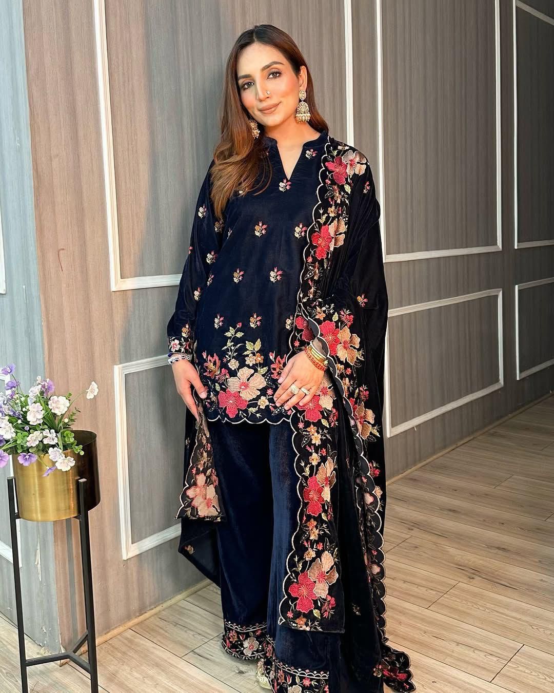 Winter Velvet Kurta Set with Plazo Pants