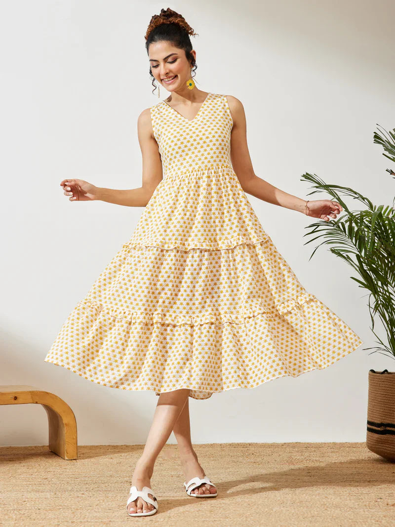 Yellow Floral  Cotton Tiered Midi Dress