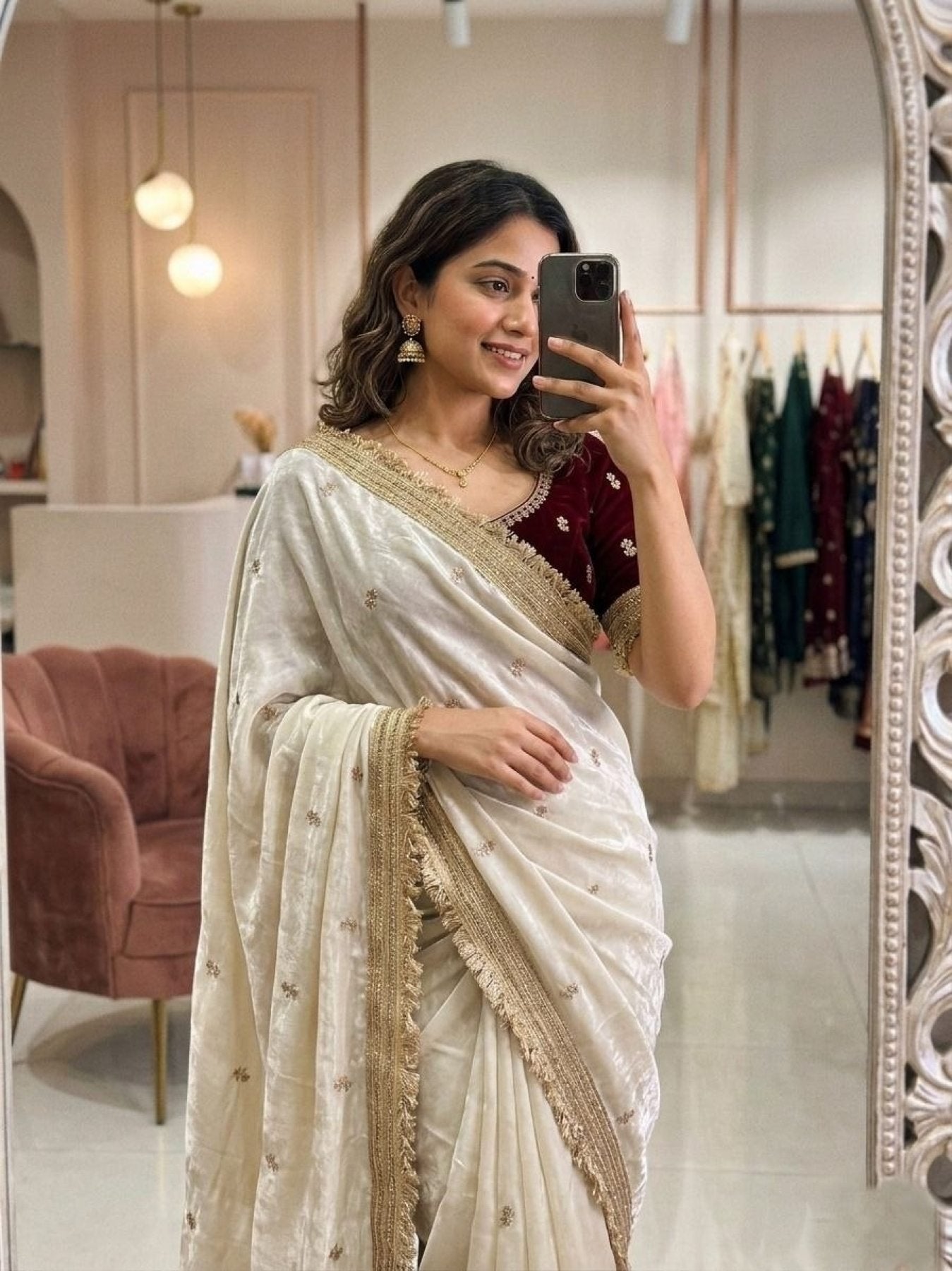 White Silk Saree - side drape view