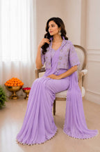 Lavender Crepe Saree Set - side drape view