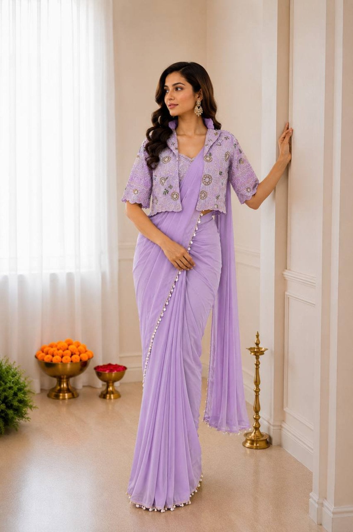 Lavender Crepe Saree Set - blouse and border close-up