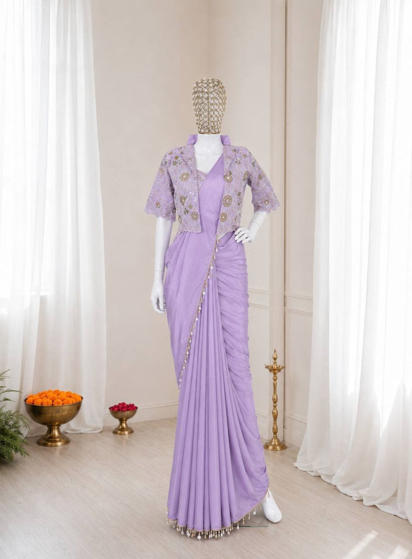 Lavender Crepe Saree Set - fabric texture close-up