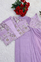 Lavender Crepe Saree Set - Sequence pallu design detail