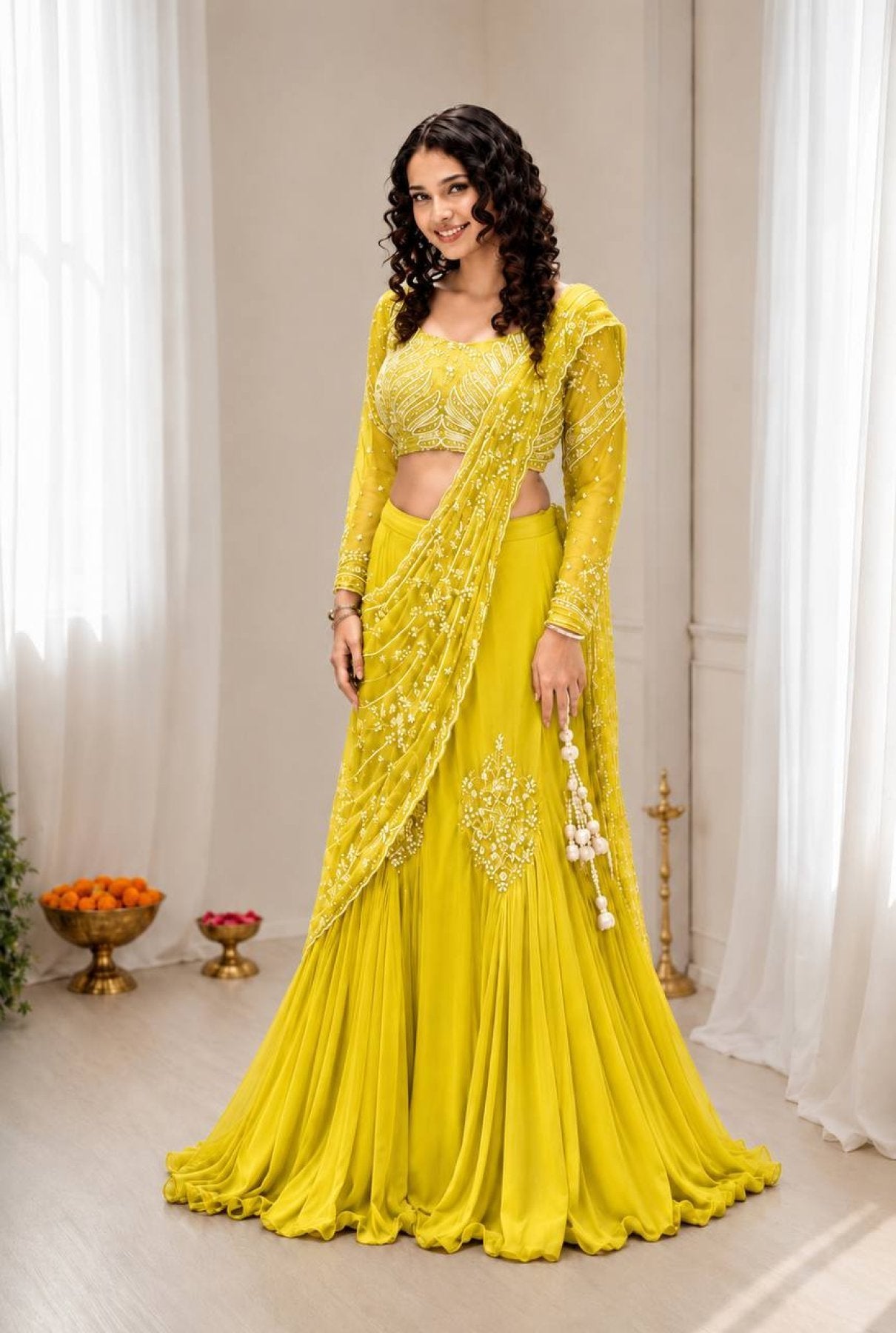 Chinon Silk Lehenga Style Saree with Attached Pallu for Party Wear blouse and dupatta detail
