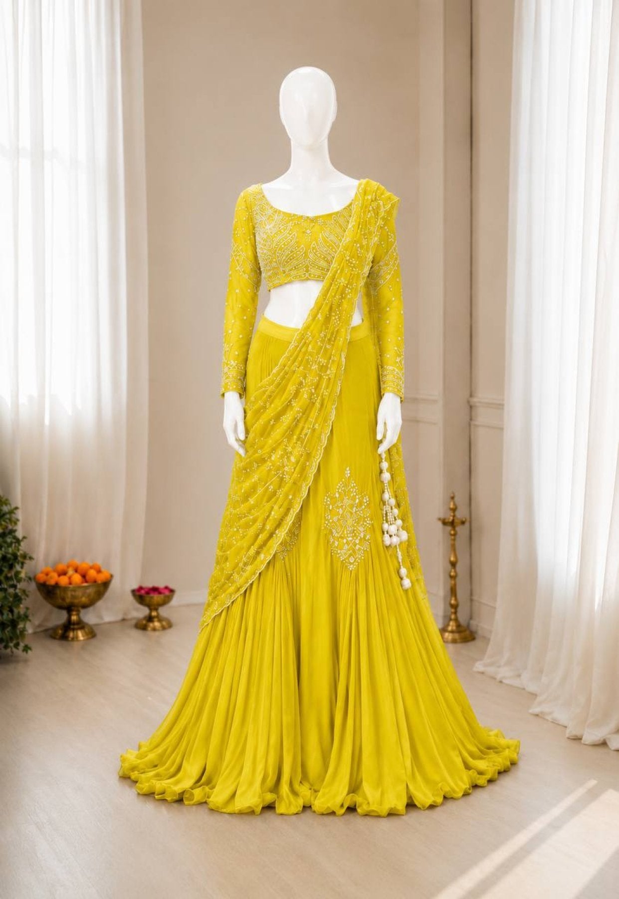 Chinon Silk Lehenga Style Saree with Attached Pallu for Party Wear fabric texture detail