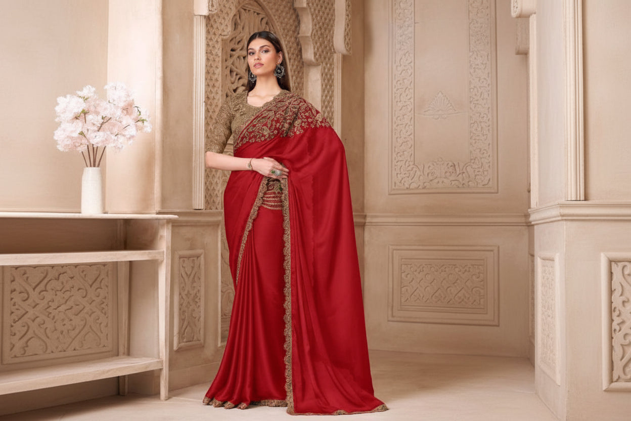 Red Tussar Saree Set for women - full front view | Snyvia
