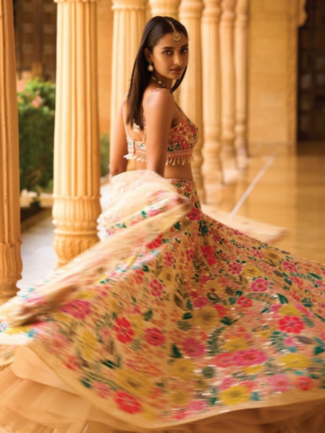 Yellow Georgette Lehenga Choli with Soft Net Dupatta blouse and dupatta detail