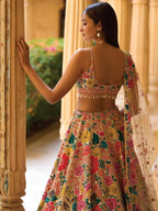 Yellow Georgette Lehenga Choli with Soft Net Dupatta embroidery close-up