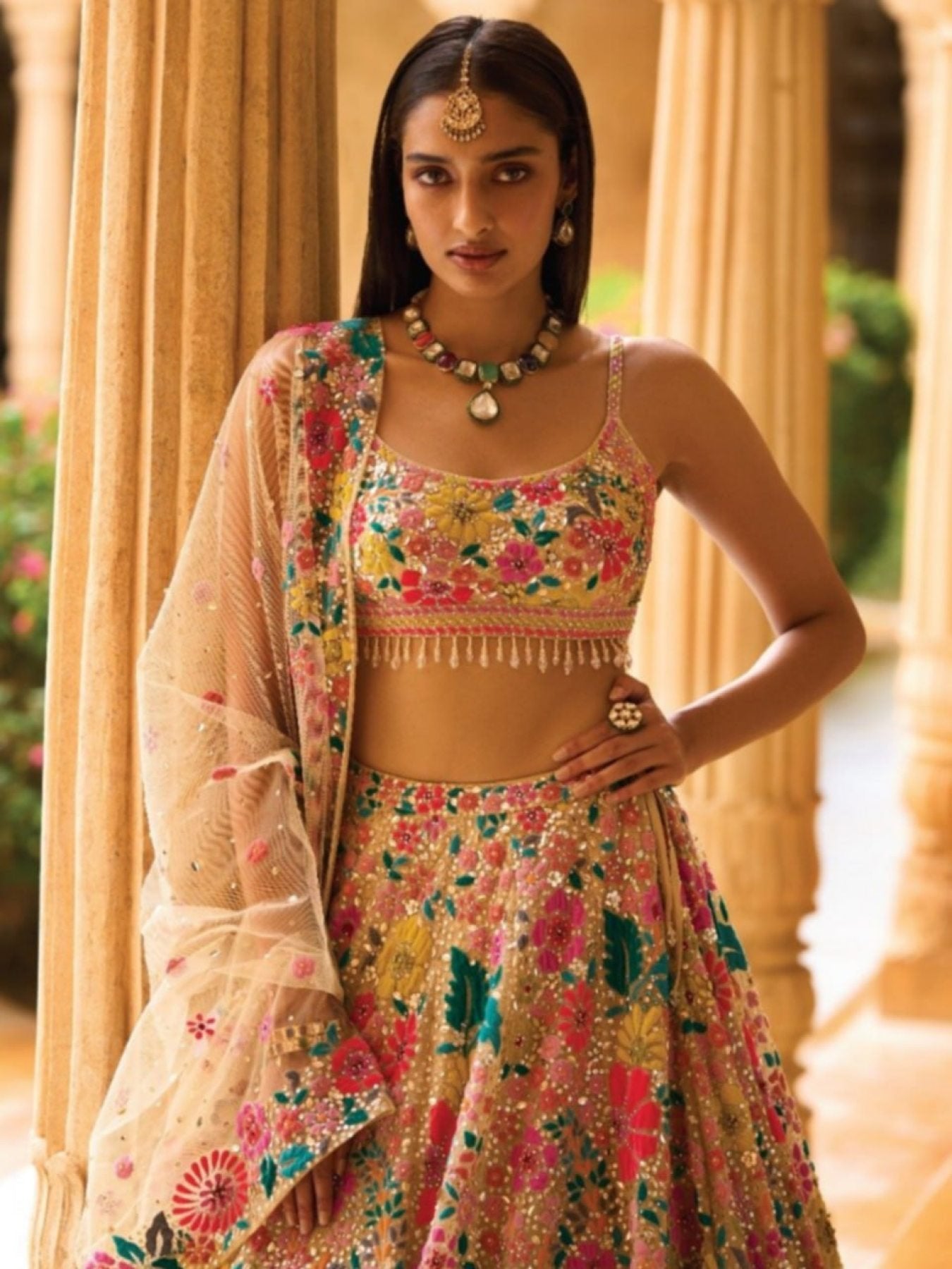 Yellow Georgette Lehenga Choli with Soft Net Dupatta fabric texture detail