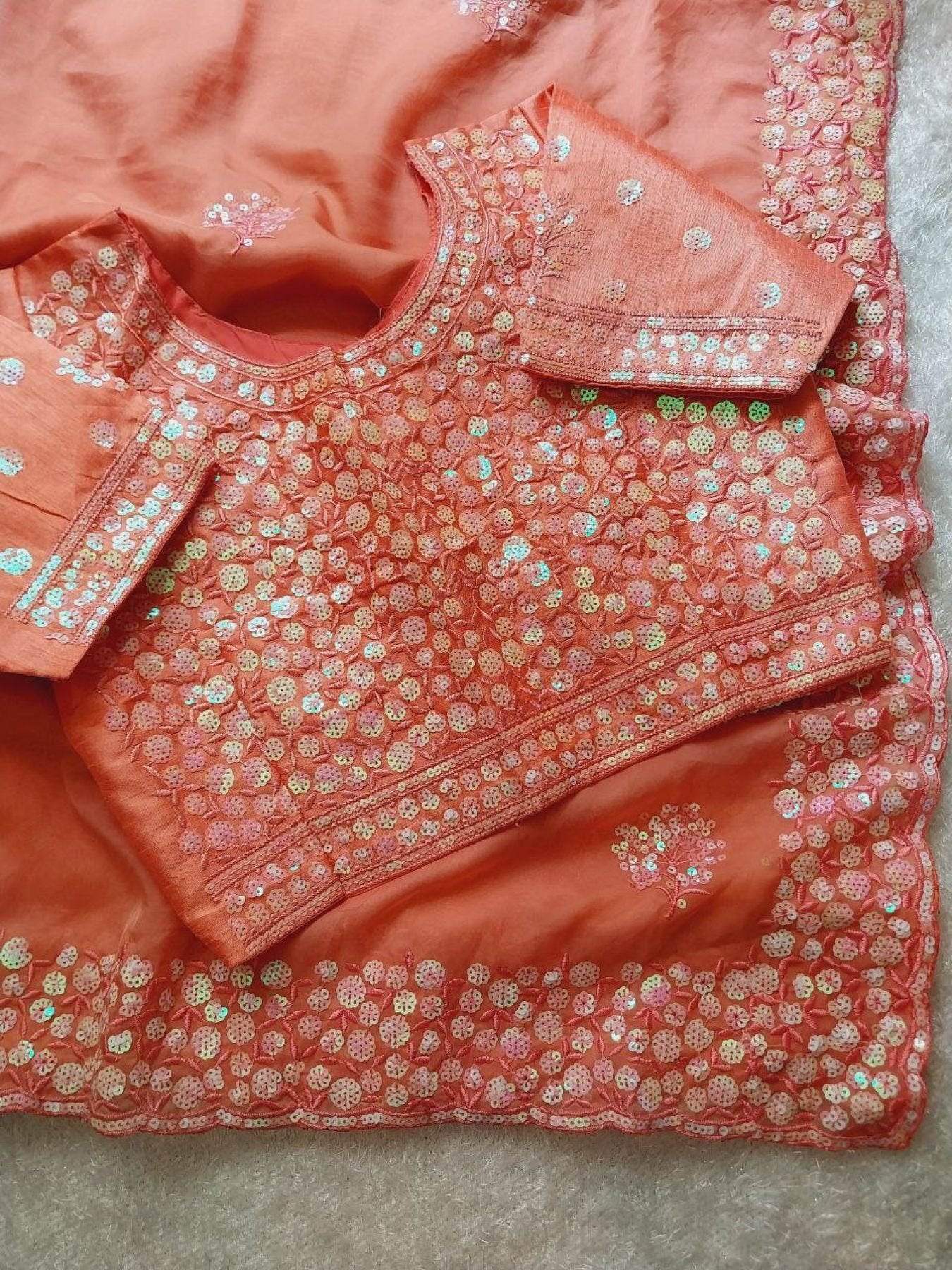 Orange Organza Saree Set - drape and pallu detail