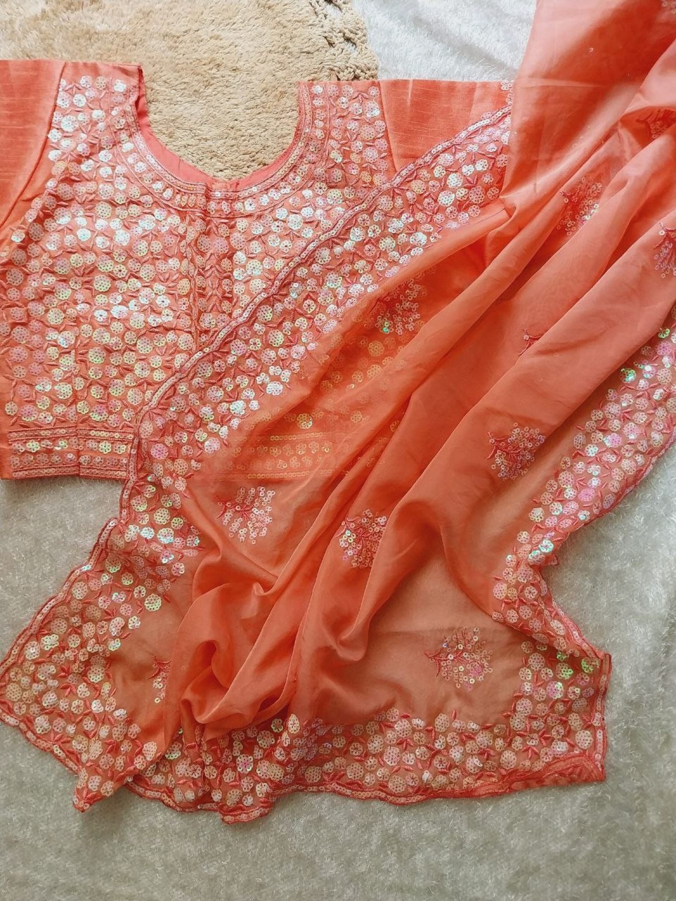 Orange Organza Saree Set - side drape view