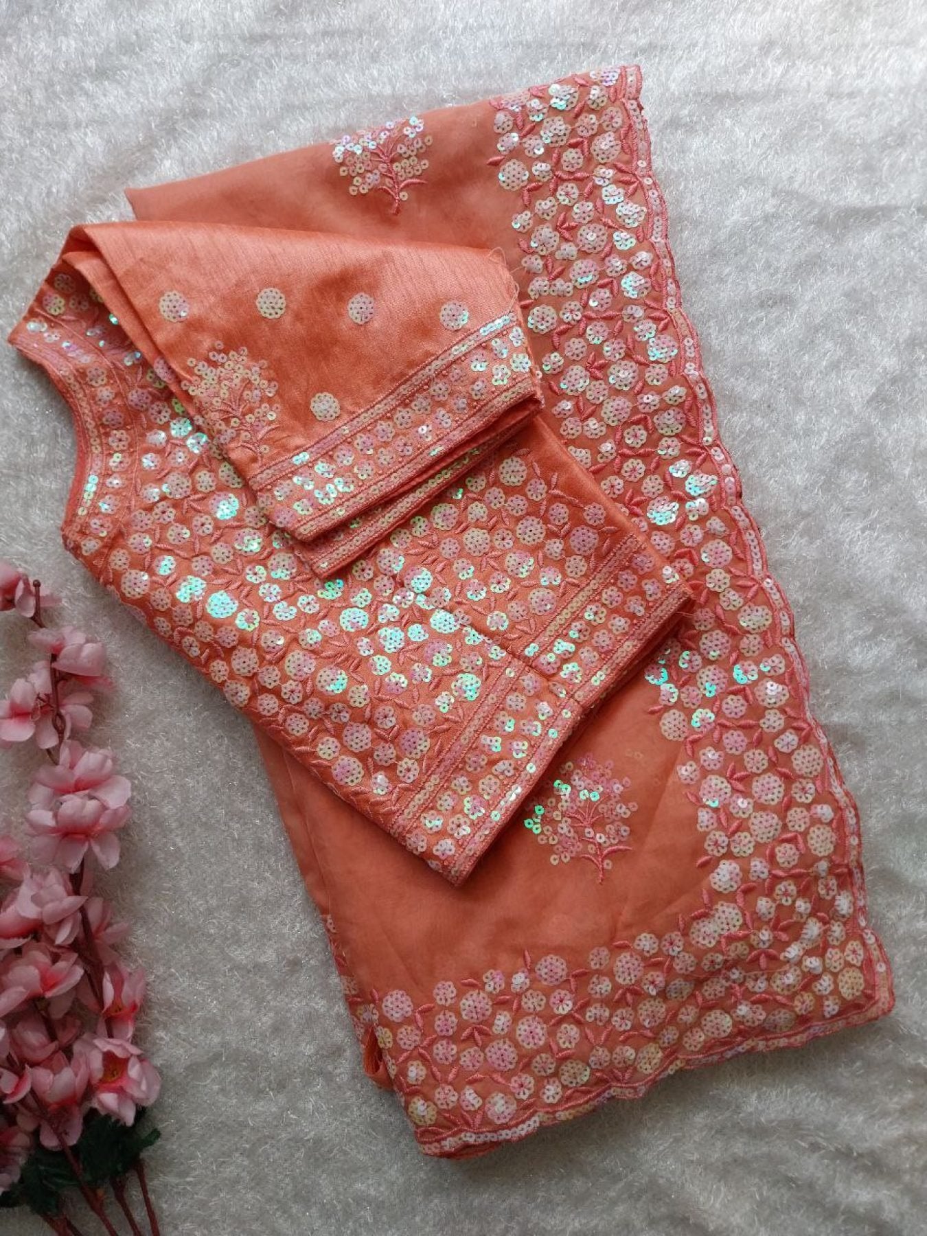Orange Organza Saree Set - blouse and border close-up
