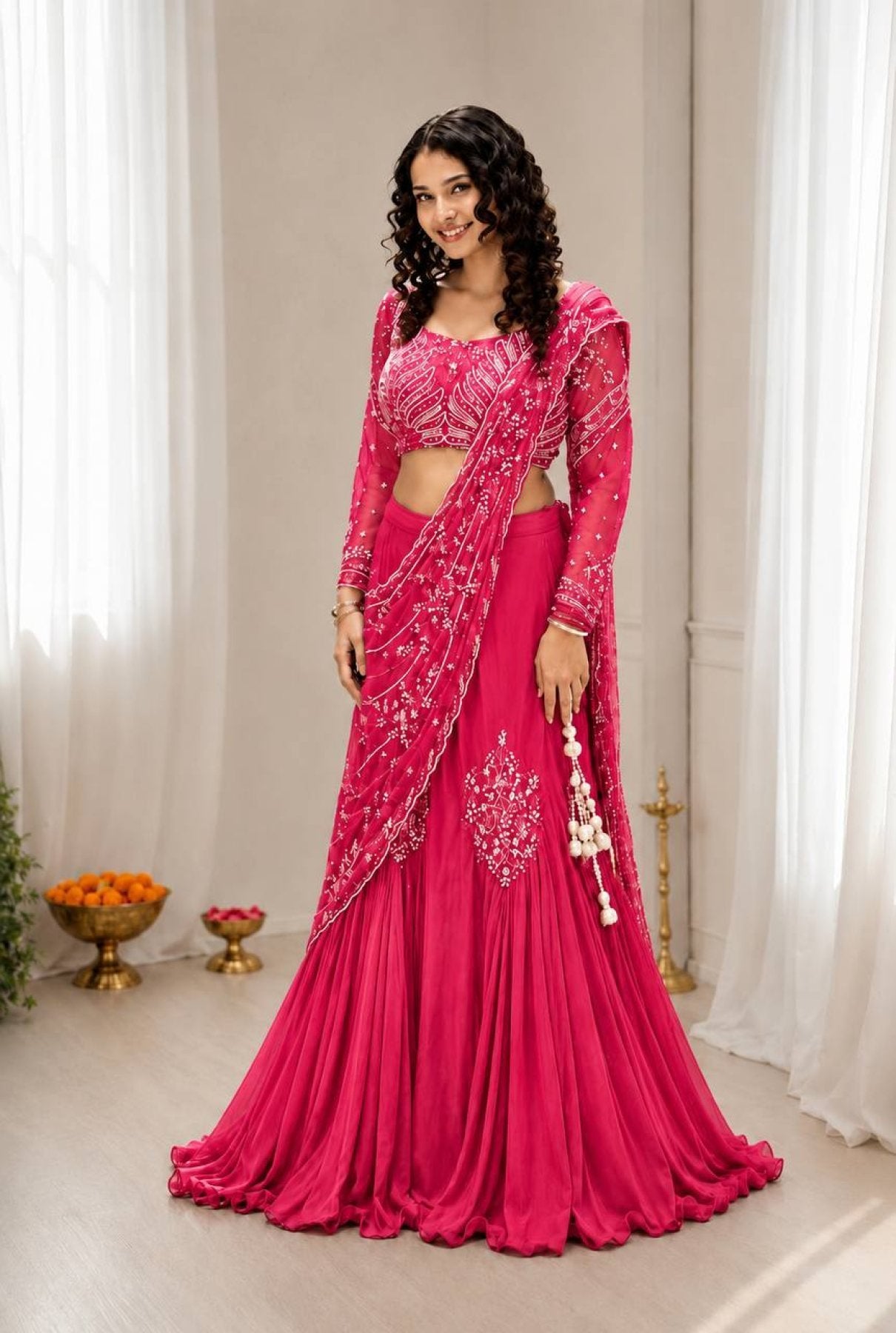 Pink Chinon Lehenga - side drape view