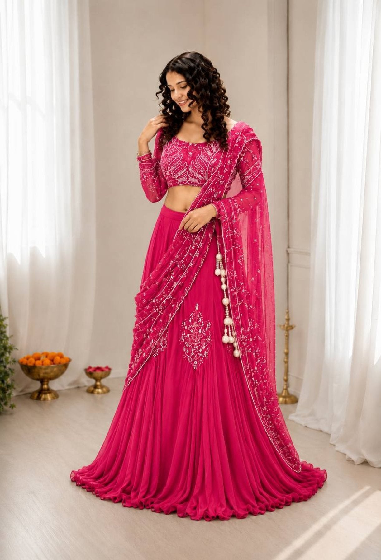 Pink Chinon Lehenga - blouse and border close-up