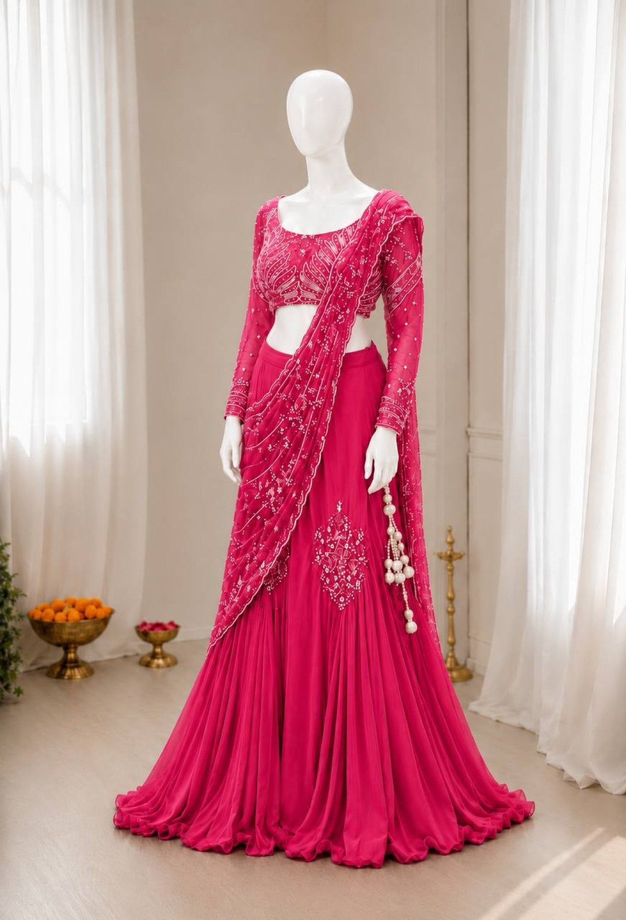 Pink Chinon Lehenga - fabric texture close-up