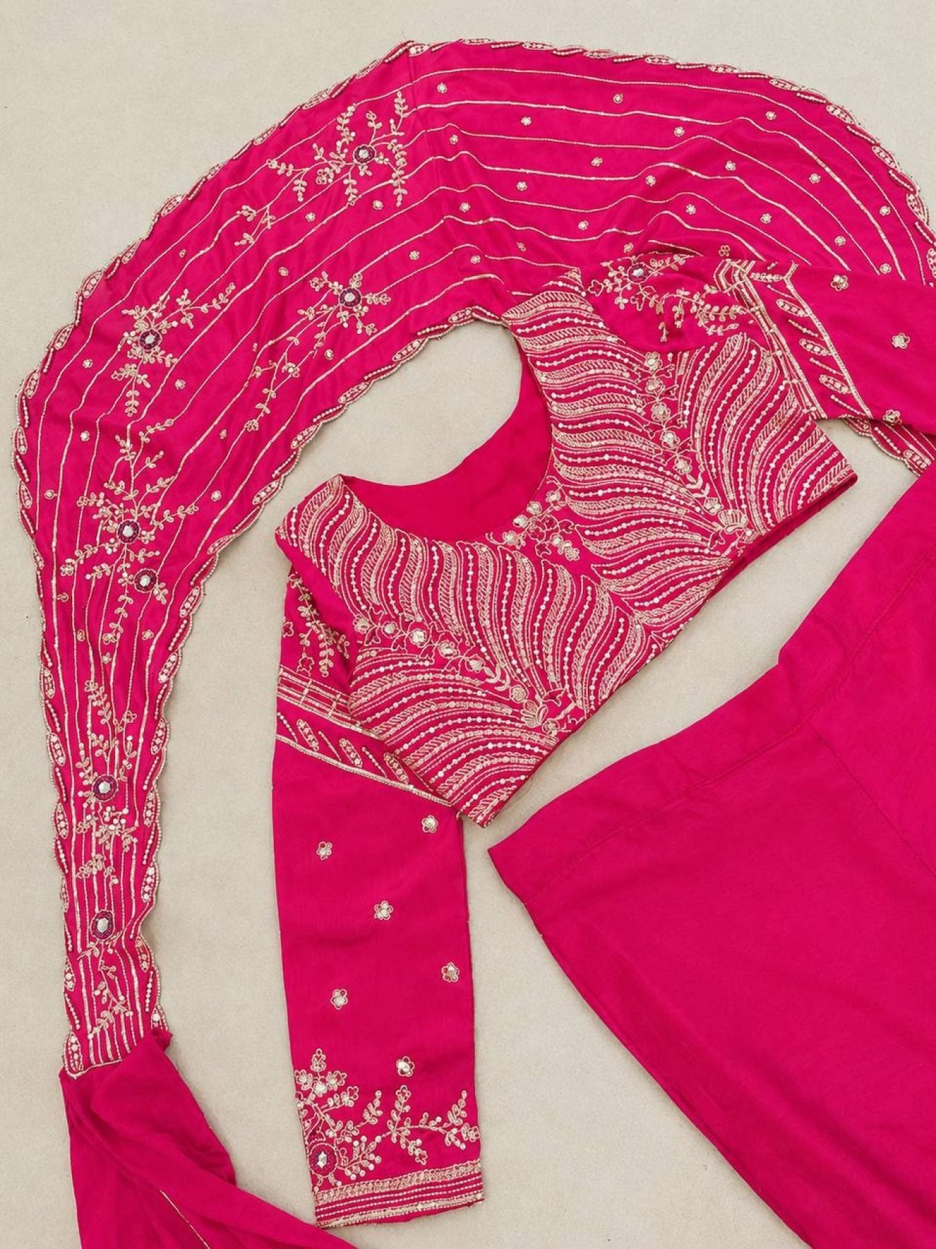 Pink Chinon Lehenga - Embroidery back view