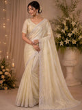 Cream Satin Saree for women - full front view | Snyvia