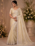 Cream Satin Saree for women - full front view | Snyvia