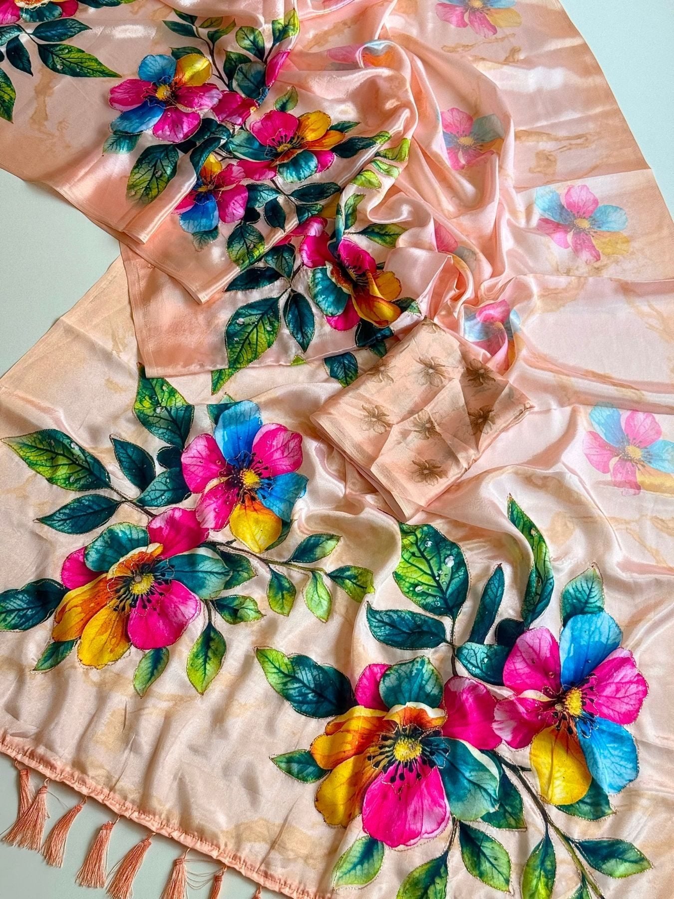 Peach Chinon Saree for women - full front view | Snyvia