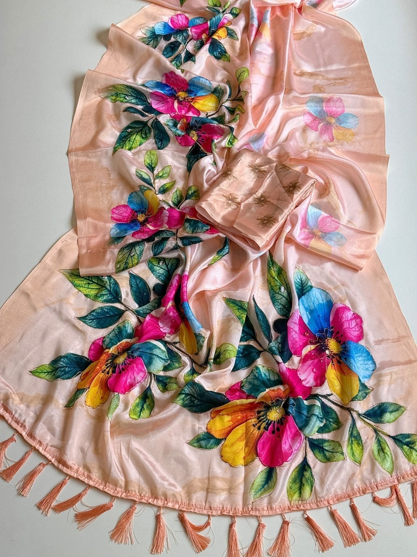 Peach Chinon Saree - side drape view
