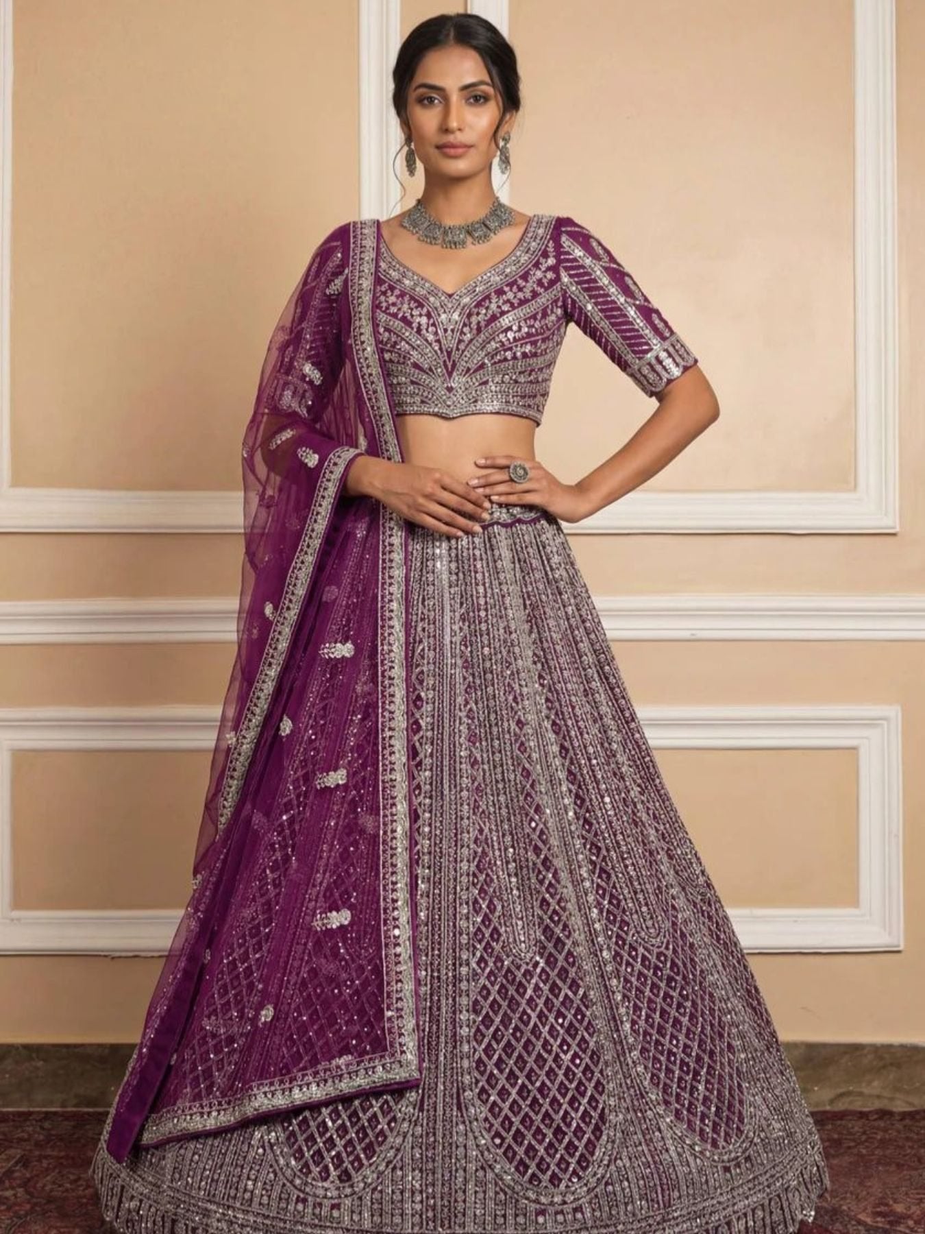 Navy Net Lehenga with Embroidery for Wedding Wear front view