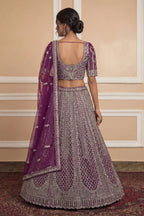 Navy Net Lehenga with Embroidery for Wedding Wear full drape view