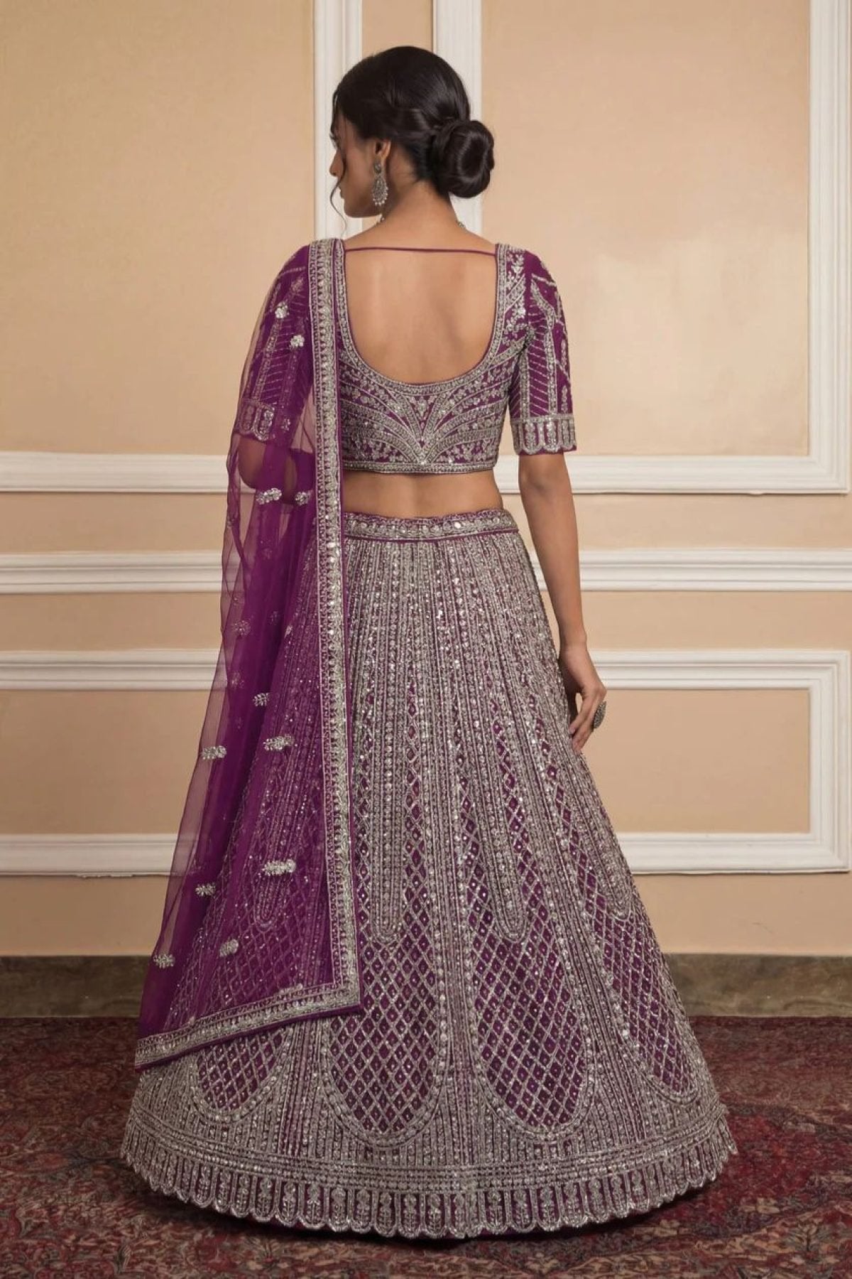 Navy Net Lehenga with Embroidery for Wedding Wear full drape view