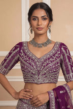 Navy Net Lehenga with Embroidery for Wedding Wear blouse and dupatta detail