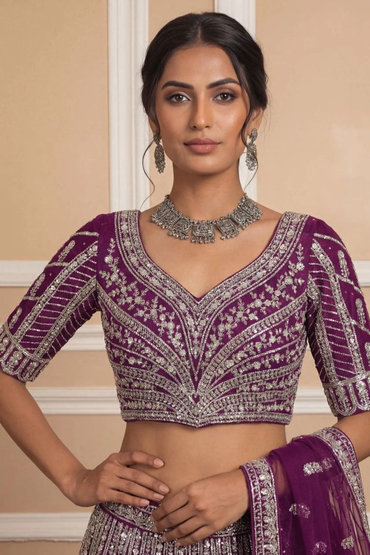 Navy Net Lehenga with Embroidery for Wedding Wear blouse and dupatta detail
